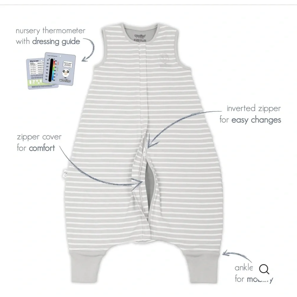 Woolino 4 Season Sleep Bag w/ Feet, Merino Wool & Organic Cotton, Birch Gray - Picture 9 of 10